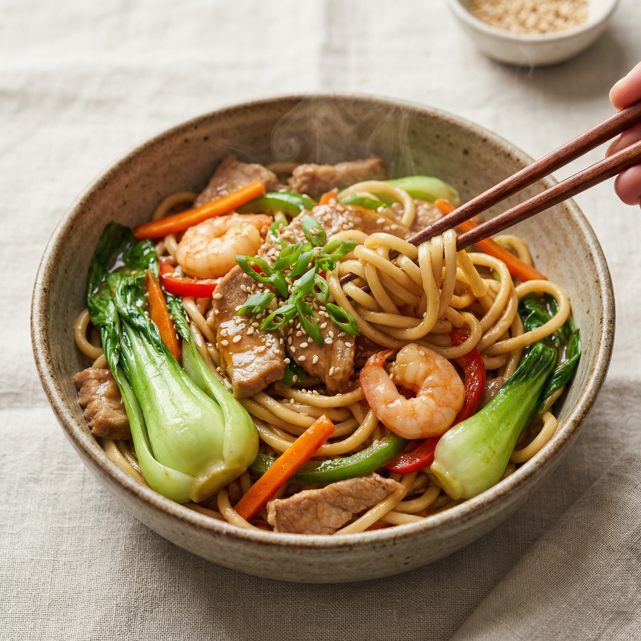 Gebratene Nudeln mit verschiedenem Fleisch und Krabben