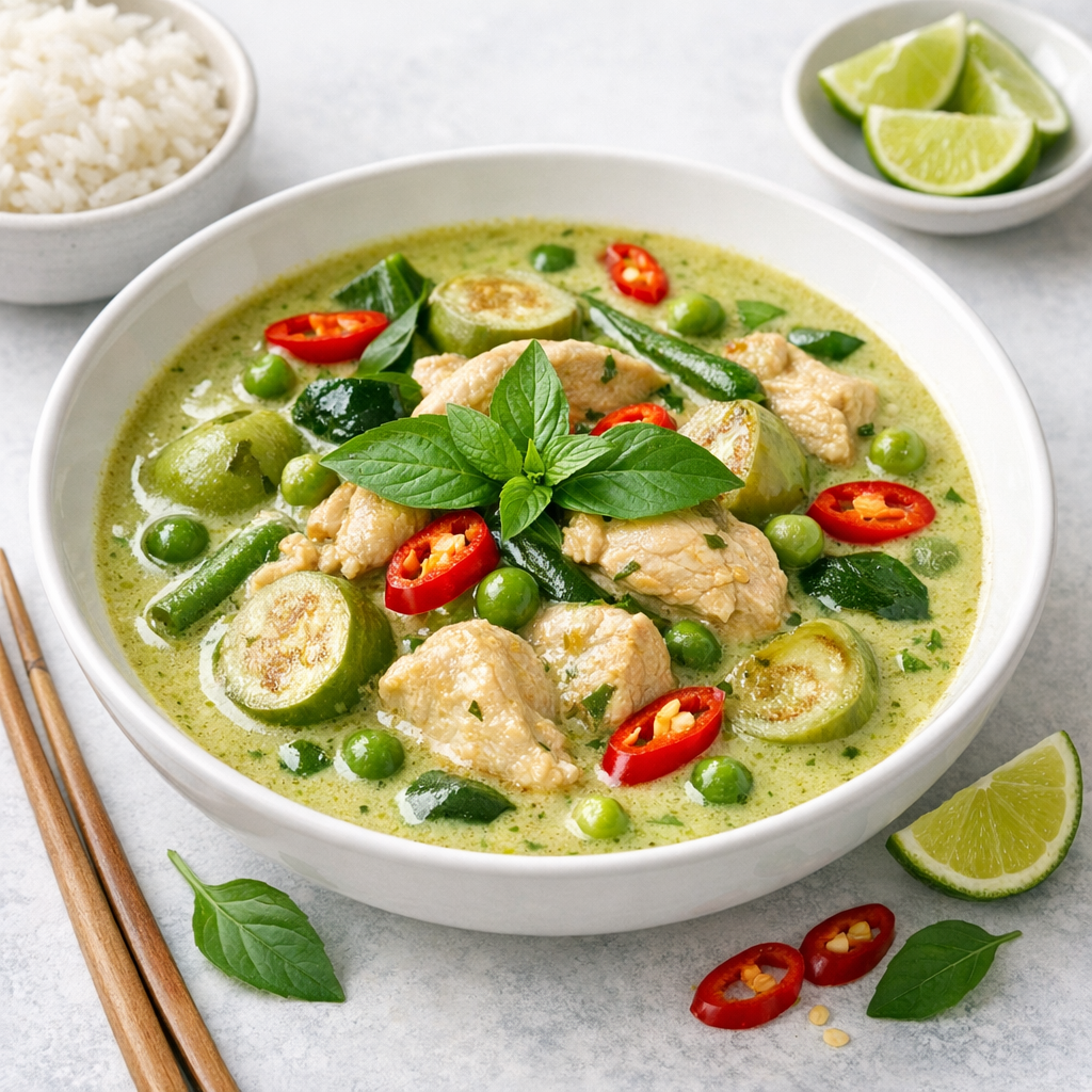 Saison Gemüse gebraten mit getrockneten Chillischoten und Kokosmilch (scharf)