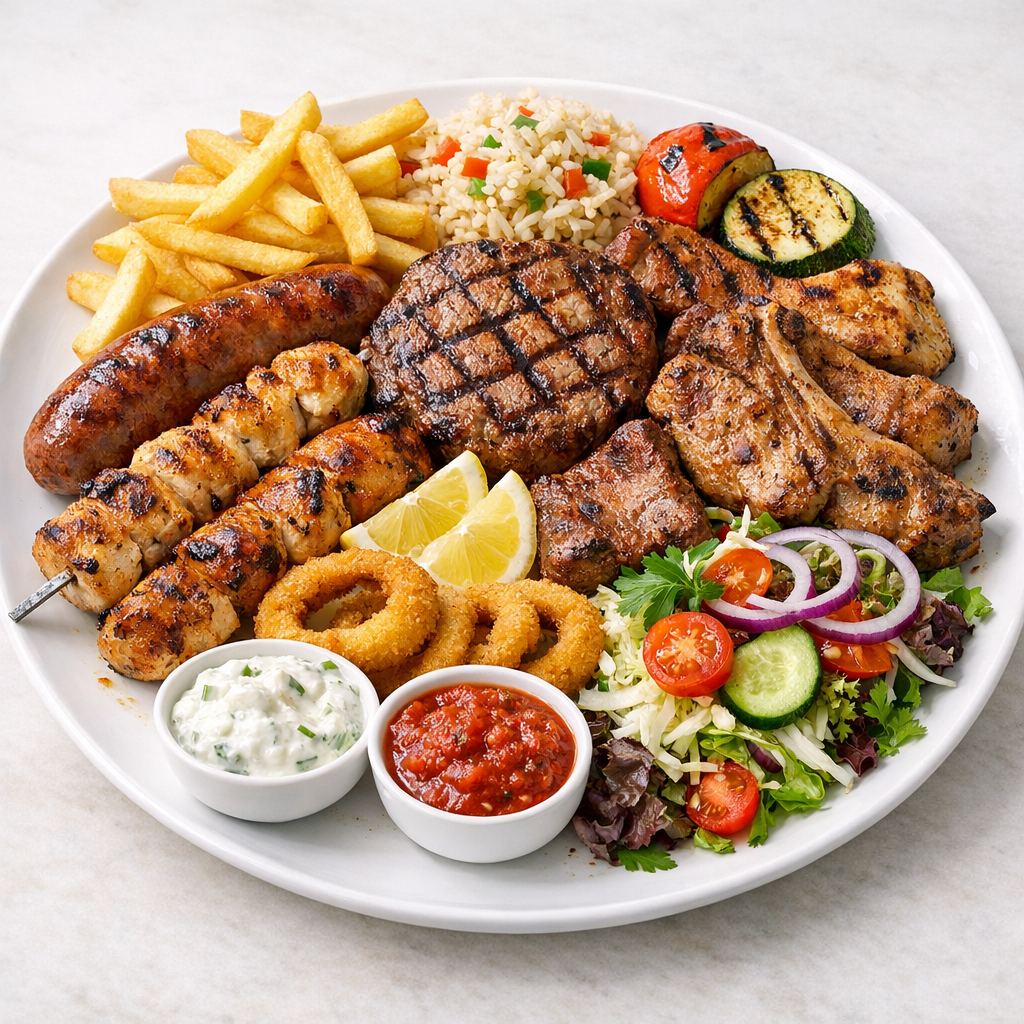 Uthmanns Spezialpfanne: Steaks von Schwein und arg. Rind, frische Champignons mit Sauce Bearnaise, Bohnen im Speckmantel, Grilltomate mit Käse überbacken an Bratkartoffeln