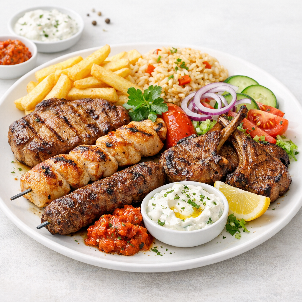 Hähnchenschenkel mit Fritten und Salat