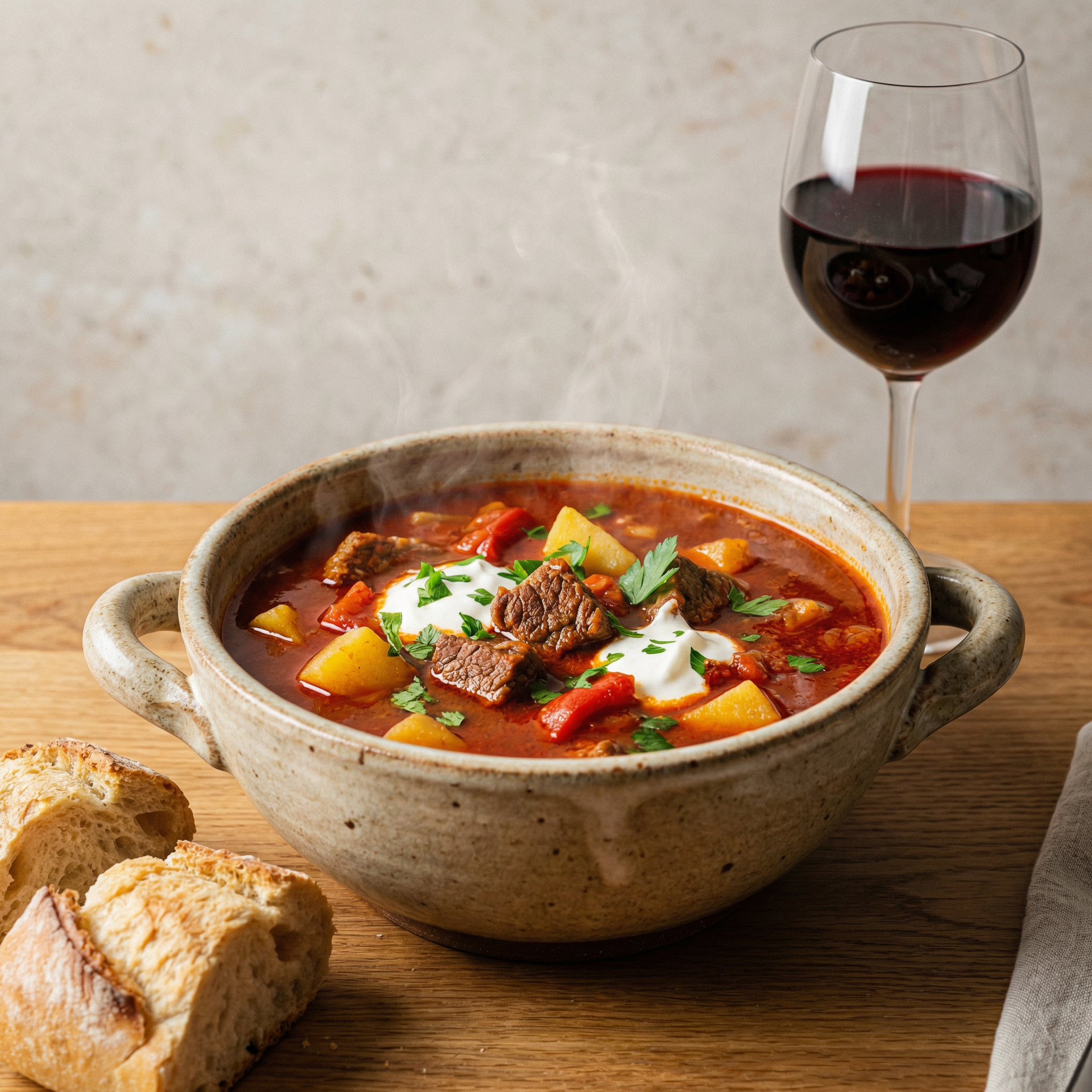 Gulaschsuppe mit Brötchen