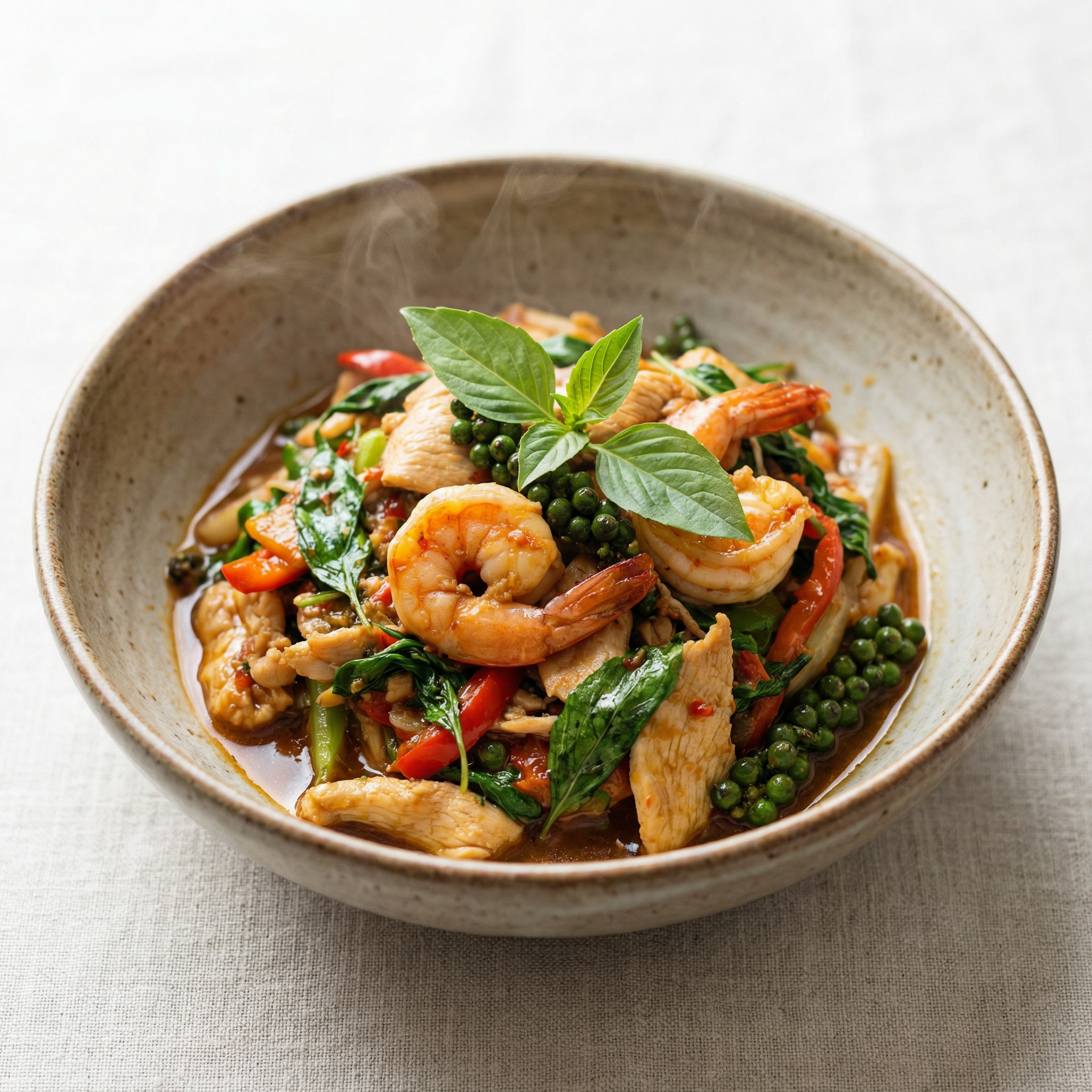 Gebratenes Hühnerfleisch à la Kanton Gemüse in Hoi-Sin-Sauce