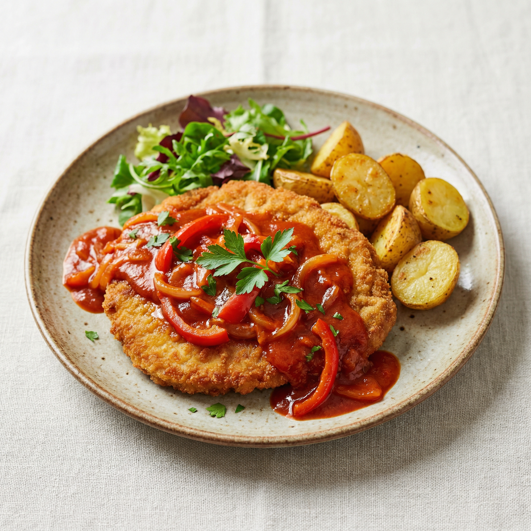 Paprikaschnitzel mit Pommes rot oder weiß